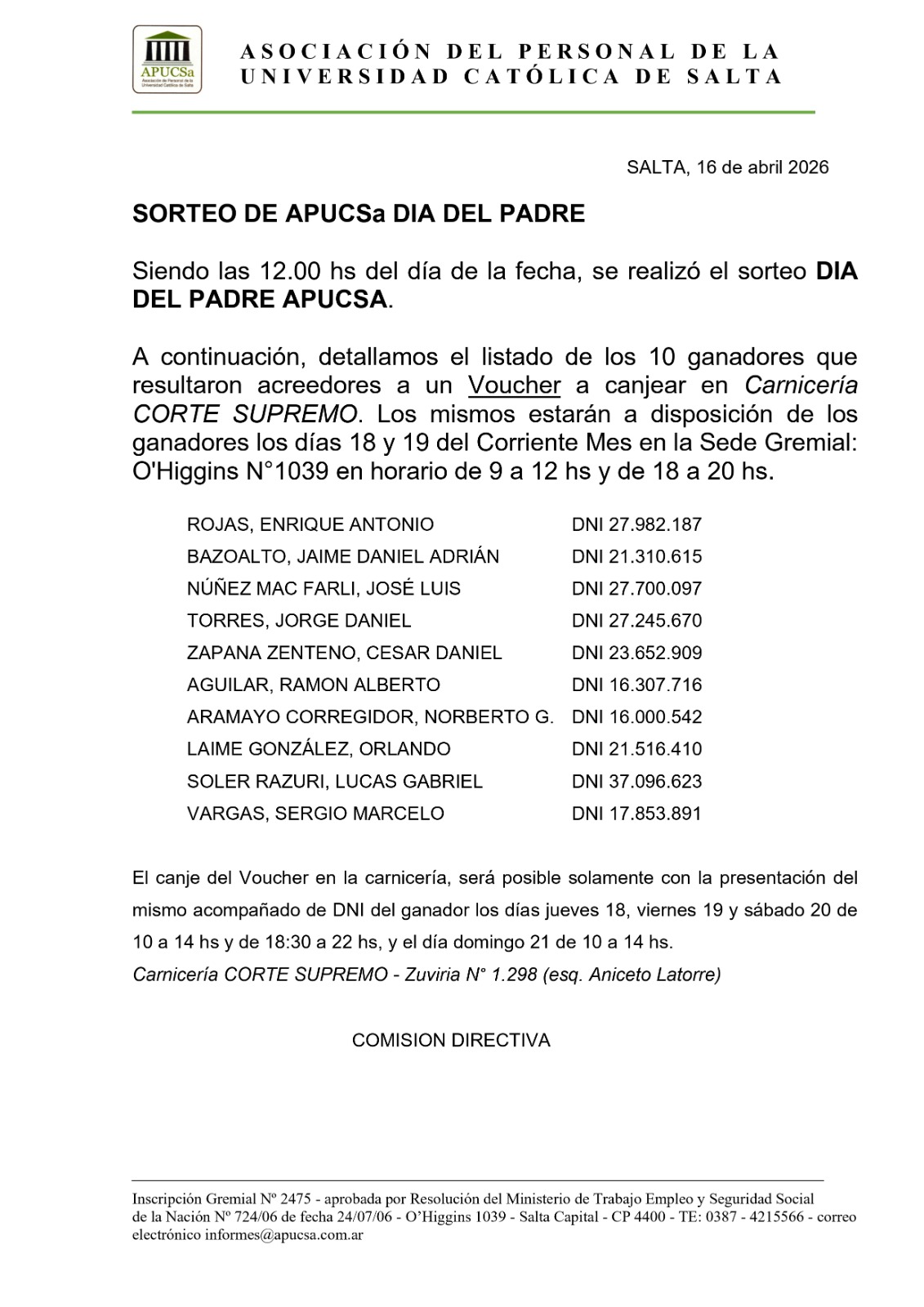 Ganadores: Sorteo del día del padre 2026